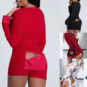 Pagliaccetto a maniche lunghe da donna con patta a bottoni Tessuto in poliestere con vari motivi per abbigliamento da notte confortevole
