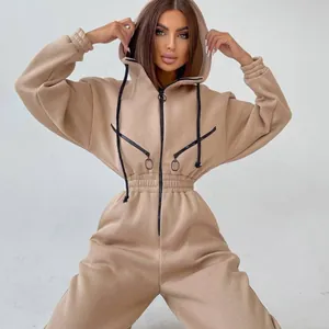 Khaki-Einteiler für Damen mit Kapuze, Reißverschluss-Details und elastischer Taille