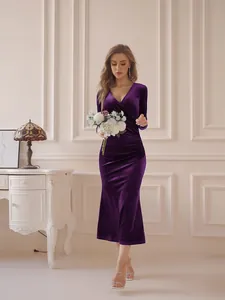Elegant deep purple velvet V-neck long sleeve fishtail evening maxi dress for formal occasions