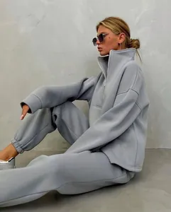 Set di tute da donna con felpa con colletto a lupetto e pantaloni jogger in grigio