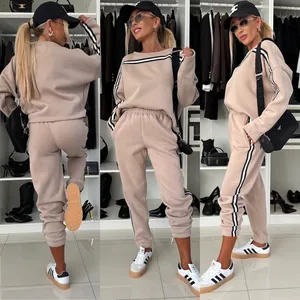 Women's autumn two-piece tracksuit set with round neck sweatshirt and side-stripe pants