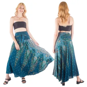 Detailed view showing the front and back of a bohemian peacock print tie-waist maxi skirt.