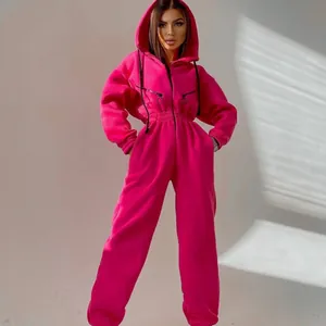 Stylischer leuchtend pinker Kapuzen-Jumpsuit für Damen mit Reißverschluss und elastischem Bund