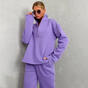 Tuta da donna viola con felpa a mezza zip e pantaloni sportivi in stile casual largo