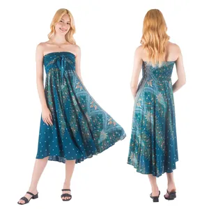 Professional front and back view of a blue bohemian peacock print strapless beach dress