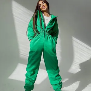Stilvoller hellgrüner Damen-Sport-Kapuzen-Jumpsuit mit Reißverschlussdetails und elastischer Taille