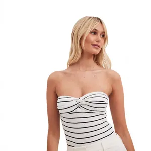 Elegant white and black striped strapless tube top for women in soft cotton
