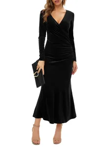 Full view of elegant black velvet evening dress with V-neck and mermaid hemline