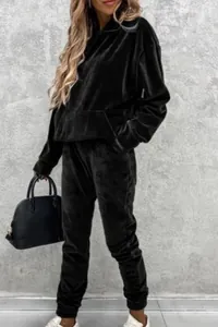 Schwarzes zweiteiliges Samt-Lounge-Set für Damen mit Kapuzenpullover und Jogginghose