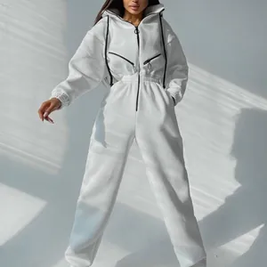 Weißer Damen Sport-Jumpsuit mit Kapuze, Reißverschluss und elastischem Taillenbund