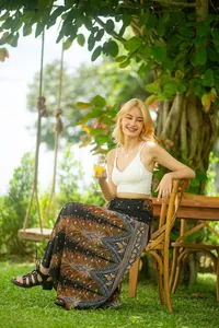 Detailed view of a bohemian printed wrap skirt perfect for summer beach and holiday wear