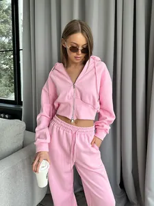 Close-up of pink two-piece tracksuit featuring a cropped zip-up hoodie and joggers