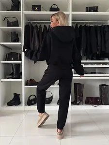 Rückansicht eines schwarzen Kapuzensweatshirts und Jogger-Sets im Kleiderschrank.