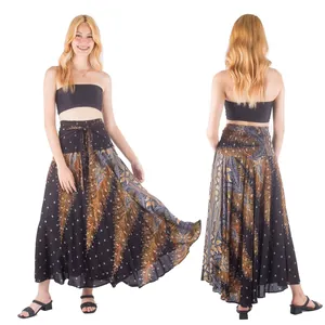 Bohemian print maxi skirt with peacock motif shown in front and back views for summer