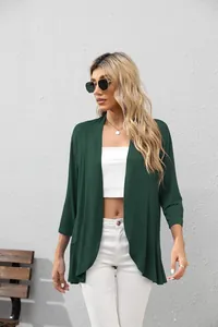 Cárdigan de mujer verde oscuro con manga tres cuartos, top casual abierto moderno
