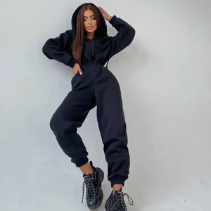 Stilvoller schwarzer Damen-Sport-Jumpsuit mit Kapuze, langen Ärmeln und elastischem Taillendesign