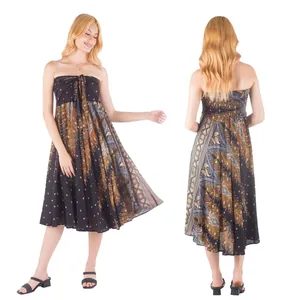 Front and back view of a bohemian strapless printed summer beach midi dress for women