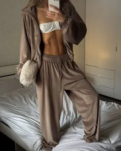 Women's 2-piece taupe velour track suit with zip-up hoodie and wide-leg joggers