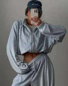 Casual light blue women's two-piece tracksuit set with a cropped zip-up hoodie and joggers.