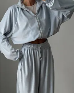 Light blue velvet two-piece lounge set featuring a zip-up jacket and wide-leg joggers