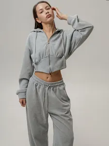 Model wearing a grey two-piece tracksuit with cropped zip-up hoodie and sweatpants
