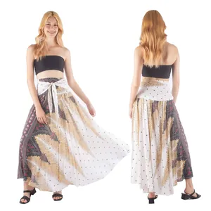 Front and back views of a Bohemian printed tie-waist maxi beach skirt for women