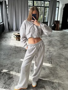 Detailed view of grey two-piece tracksuit with zip-up cropped hoodie and loose pants