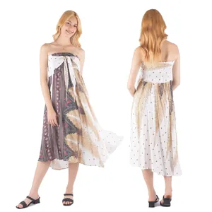 Front and back view of a bohemian printed strapless beach maxi dress