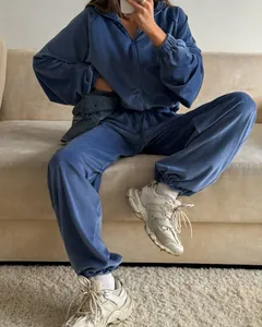 Close-up of a blue velvet tracksuit set featuring a zip-up jacket and matching joggers