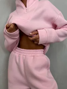 Vista dettagliata di un set coordinato felpa rosa con mezza zip e pantaloni sportivi da donna.