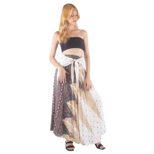 Full-length view of bohemian printed wrap maxi skirt with peacock feather patterns