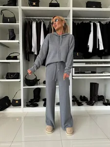Ensemble de loisirs gris pour femme avec sweat à capuche et pantalon large dans un dressing