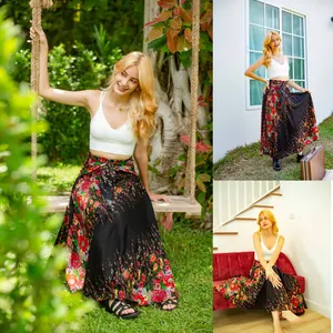 Model wearing a vibrant floral print wrap maxi skirt in various outdoor and indoor settings.