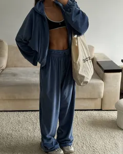 Cozy blue velvet lounge set featuring a zip-up hoodie and matching wide-leg sweatpants.