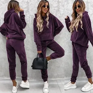 Schicker lila Samt-Trainingsanzug Zweiteiler mit Kapuzenpullover und Jogginghose
