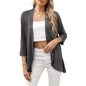 Elegante cárdigan gris oscuro para mujer con manga 3/4 y diseño casual holgado