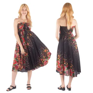 Detailed front and back views of a elegant black floral strapless midi dress for summer