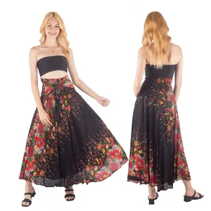 Detailed views of a high-waisted floral print maxi skirt for beach and casual wear