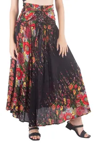 Detailed close-up of bohemian floral print on a high-waist summer maxi beach skirt