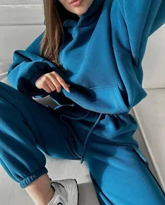 Detailed view of cozy teal hoodie and jogger set for women's autumn winter casual wear