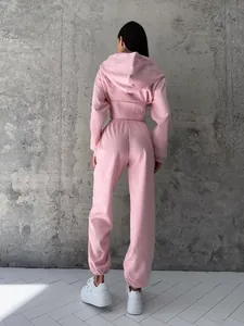 Vista posteriore della tuta rosa due pezzi con felpa con cappuccio e pantaloni.