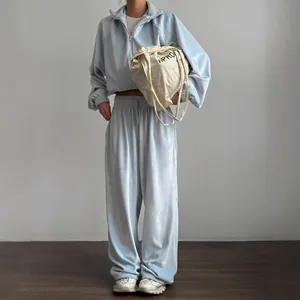 Elegant light blue velvet 2-piece tracksuit set featuring a zip-up jacket and wide-leg pants