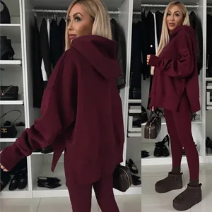 Conjunto de sudadera con capucha y leggings burdeos para mujer, ropa casual de otoño invierno