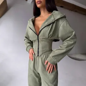 Set Tuta da Donna Stile Occidentale Autunno Inverno Tinta Unita Felpa con Cappuccio con Cerniera e Pantaloni