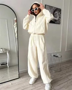 Dames vrijetijdspak 2-delig crème met hoodie met rits en wijde joggingbroek voor comfort