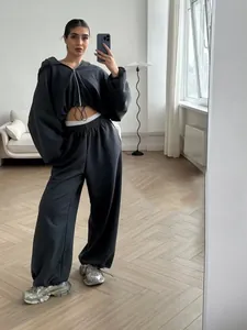 Fashionable two-piece women's grey loungewear set featuring cropped hoodie and joggers.