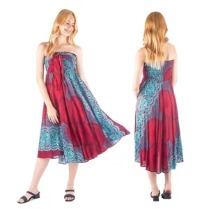 Front and back view of a bohemian floral print strapless maxi dress on white background.