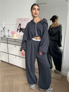 Full view of a charcoal two-piece sweatsuit set with cropped hoodie and wide-leg pants