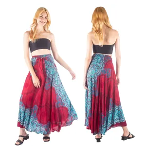 Bohemian printed maxi skirt with red and turquoise mandala pattern and lace-up waist.