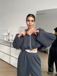 Women's two-piece charcoal tracksuit with cropped zip-up hoodie and high-waist sweatpants